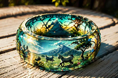 there is a glass bracelet with horses on it sitting on a table