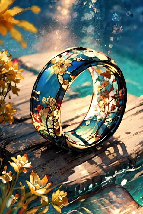 there is a ring with flowers on it sitting on a wooden table