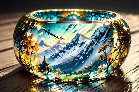 a close up of a glass bracelet with a mountain scene in the background