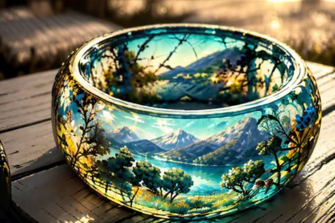 there is a bowl sitting on a wooden table with a mountain scene in the background