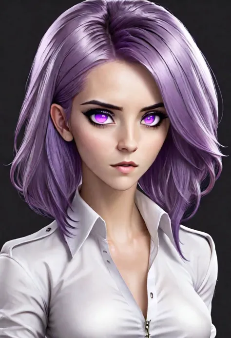 a woman with purple hair and purple eyes posing for a picture