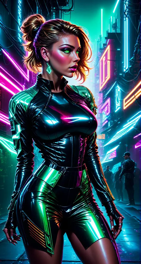 a woman in a shiny outfit standing in a neon city