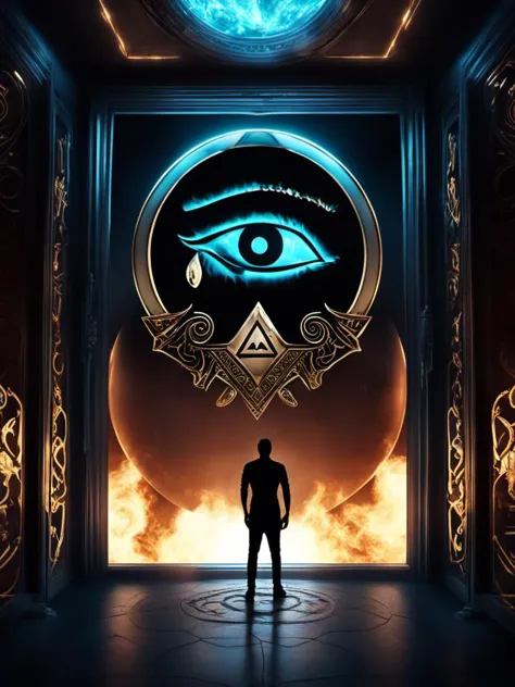 a man standing in front of a doorway with an eye on it