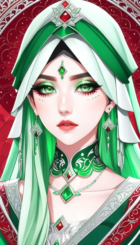 a woman with green hair and green eyes wearing a green headdress