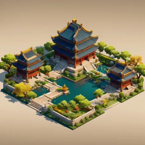 a 3d illustration of a chinese building with a pond and trees