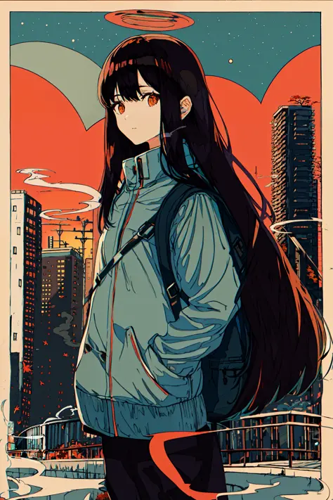 masterpiece, best quality, flat color, limited palette, low contrast, (ligne claire), 1girl, long straight black hair, beautiful detailed face,halo, backpack looking away, standing. smoke, night sky, city, sunset, sky scrapers, bridge, road signs, depth of field, border, black, red, orange, brown, autumn, haze