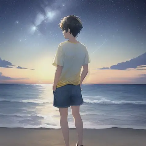 a illustration  of a male teen  staring at the nightsky beach wearing (yellow beach shirt, blue jean shorts, yellow flip flops, ...