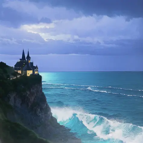 an abandoned (dark hilltop castle) in the middle of the ocean, with (thunder lightning),( dark blue water),(rough sea waves),(ra...