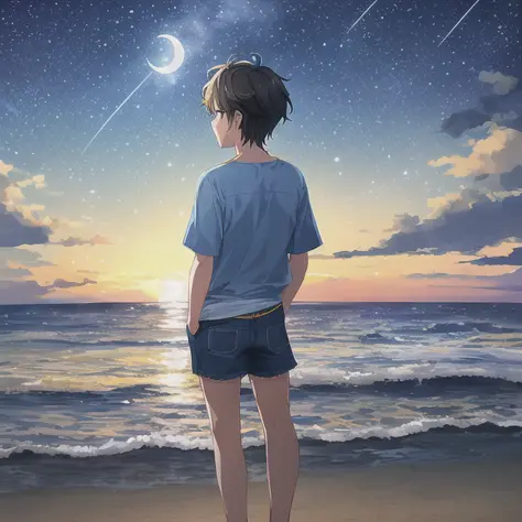 Una ilustración de un adolescente masculino mirando la playa nocturna vistiendo (camisa de playa amarilla, pantalones cortos de mezclilla azul, chanclas amarillas, manos en el bolsillo), (oscuridad), línea clara, (cielo índigo lleno de estrellas y 1 luna), (vista desde atrás), (tiro de cuerpo completo), (fondo temático),