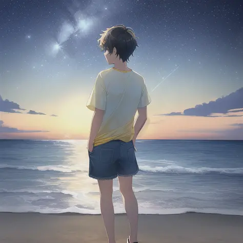 Una ilustración de un adolescente masculino mirando la playa nocturna vistiendo (camisa de playa amarilla, pantalones cortos de mezclilla azul, chanclas amarillas, manos en el bolsillo), (oscuridad), línea clara, (cielo índigo lleno de estrellas y 1 luna), (vista desde atrás), (tiro de cuerpo completo), (fondo temático),