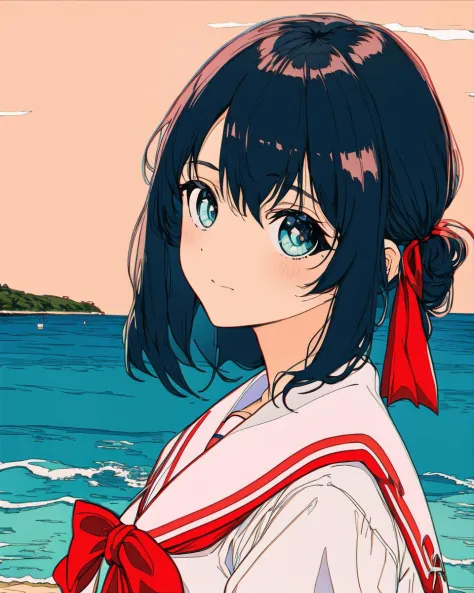 masterpiece, ((ligne claire)), limited palette, best quality, flat color, low contrast, flat color,  high contrast, chromatic aberration, 
((1girl)),(((an extremely delicate and beautiful girl))),(beautiful detailed face),(beautiful detailed eyes),{long straight black hair},hair ribbon, school sailor uniform ,
 full body, standing,((looking at viewer:1.6)),  (detailed light), blue sky, coconut tree, ocean, beach, white cloud