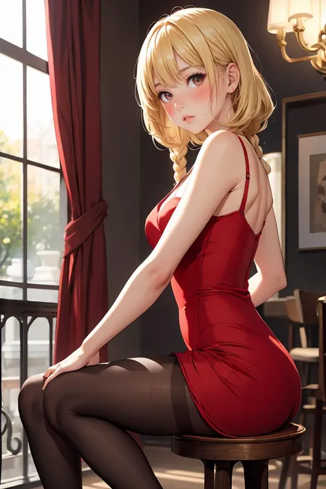 (masterpiece, best quality), 1girl, blonde hair, red dress, pantyhose, cute face, blush,