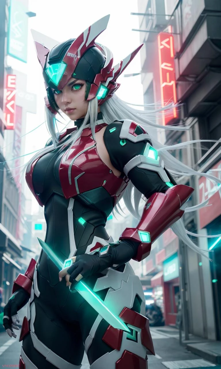 megzeromyth2023, 1girl, long white hair, large breasts, toned,  red armor, green energy sword, 8k, uhd, best quality, masterpiece, intricate, photorealistic, glowing green eyes, cyberpunk city, night, neon signs, science fiction