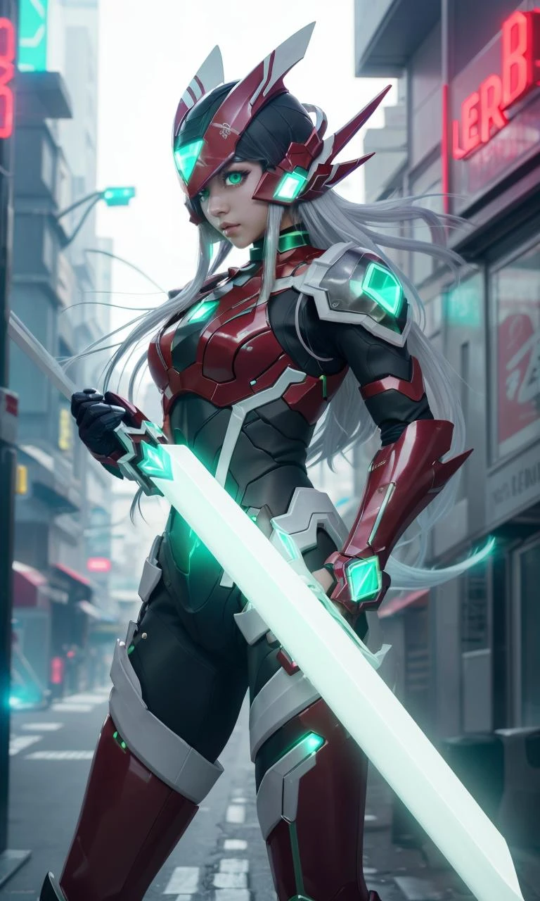 megzeromyth2023, 1girl, long white hair, large breasts, toned,  red armor, green energy sword, 8k, uhd, best quality, masterpiece, intricate, photorealistic, glowing green eyes, cyberpunk city, night, neon signs, science fiction
