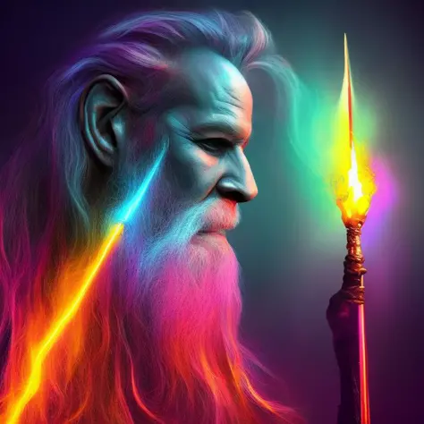 oldjourney an image of a wizard with a glowing staff turned to the side, black background, light art, full of colors and rich de...