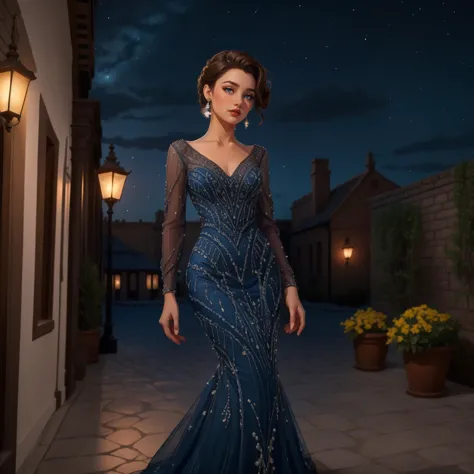 1girl, solo, brown hair updo, lipstick, standing, hud_bl_gwn,  long blue V Neck beaded mermaid dress, see-through, long sleeves, high heels, <lora:blue_gown-000008:0.8>, courtyard, night sky