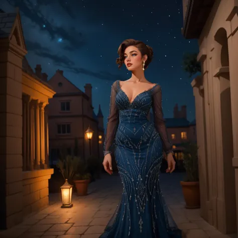 a woman in a blue dress standing on a sidewalk at night