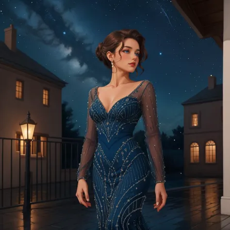 a woman in a blue dress standing on a porch at night