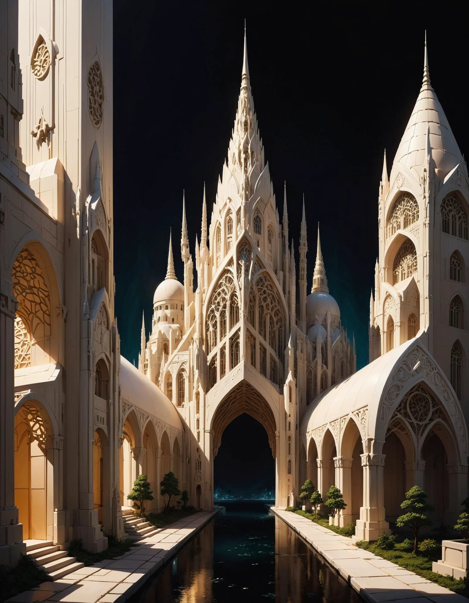 hyper realistic and highly detailed, a luminous ivory elven fantasy city , inspired by (Katsuhiro Otomo:1.2) and (Arkhyp Kuindzhi:1.1) , Art deco style, geometric shapes, bold colors, luxurious, elegant, decorative, symmetrical, ornate, detailed, , bold lines, award winning, limited color palette, high contrast, depth of field, (intricate details, masterpiece, best quality:1.4), dramatic lighting, beautiful composition, looking at viewer, dynamic pose
 dark, black and color sexyai vntblk, black, dark, background