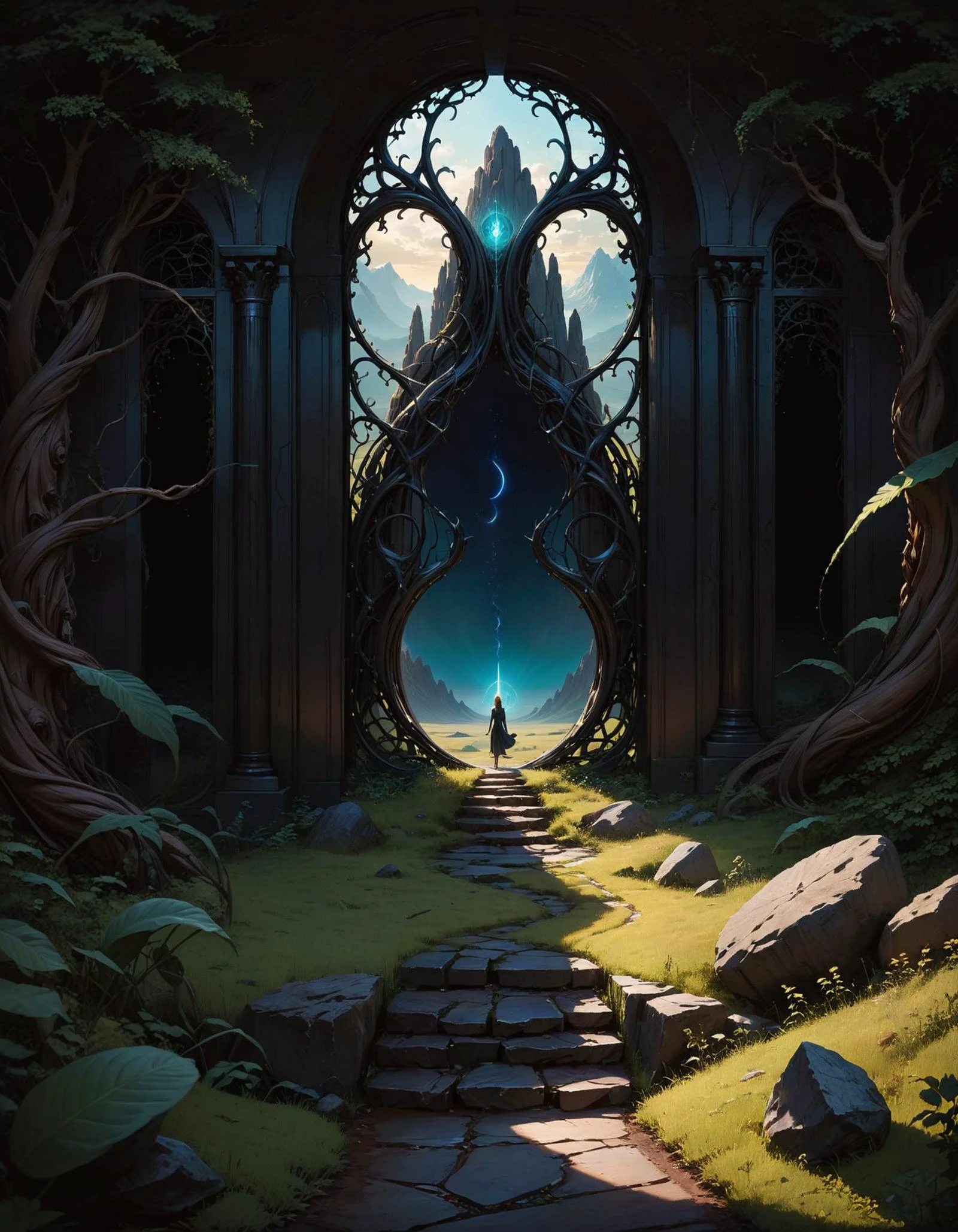 hyper realistic and highly detailed, a mystical magic portal to another dimension in the middle of a vast landscape , inspired by (Alex Toth:1.2) and (Kris Kuksi:1.1) , Art Nouveau art, sleek, organic forms, long, sinuous, art nouveau style, , bold lines, award winning, limited color palette, high contrast, depth of field, (intricate details, masterpiece, best quality:1.4), dramatic lighting, beautiful composition, looking at viewer, dynamic pose
 dark, black and color sexyai vntblk, black, dark, background