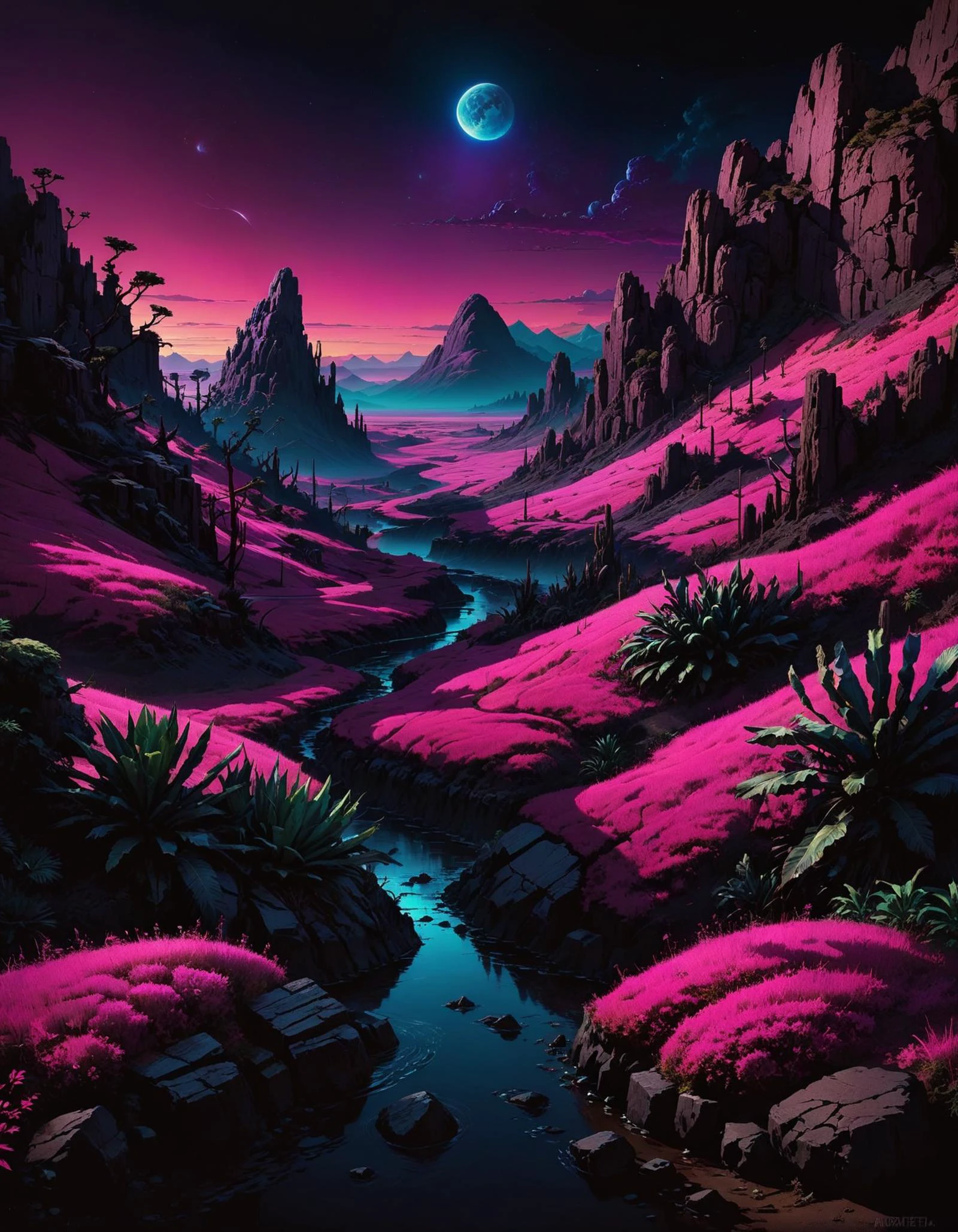 hyper realistic and highly detailed, a bizarre otherworldly landscape , inspired by (Frank Kelly-Freas:1.2) and (Aliza Razell:1.1) , NeonPunk style, cyberpunk, vaporwave, neon, vibes, vibrant, stunningly beautiful, crisp, detailed, sleek, ultramodern, magenta highlights, dark purple shadows, high contrast, cinematic, ultra detailed, intricate, professional, , bold lines, award winning, limited color palette, high contrast, depth of field, (intricate details, masterpiece, best quality:1.4), dramatic lighting, beautiful composition, looking at viewer, dynamic pose
 dark, black and color sexyai vntblk, black, dark, background