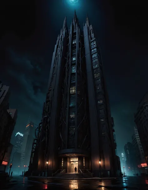 a man standing in front of a tall building at night