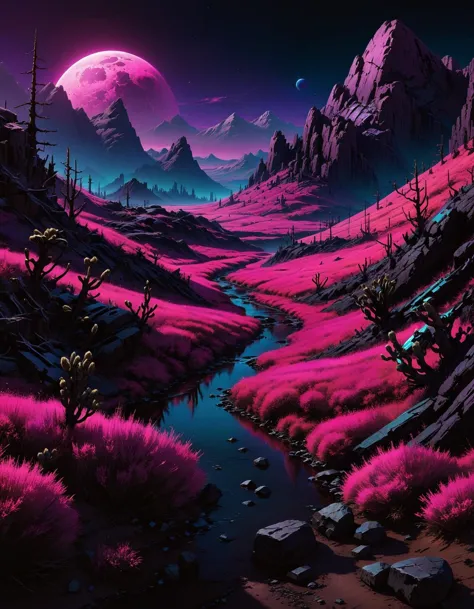 a pink landscape with a stream running through it