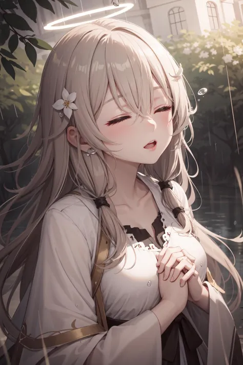 (masterpiece,best quality:1.4),(ultra-detailed,highres:1.2),wallpaper,perfect anatomy,pixiv id,colorful,
outdoor,nature,sunshine,forest,plant,leaf,tree,flower,(rain,overcast,water drop),
1girl,solo,collarbone,from side,parted lips,singing,open mouth,(looking up,looking at sky),from below,
praying,own hands together,hands on own chest,own hands clasped,
(beautiful hair,bangs,hair between eyes),(looking at viewer),(bright pupils,detailed pupils,beautiful pupils,glint:0),(closed eyes:1),
<lora:cecilia_laporta_arknights_2:1>,cecilia laporta,halo,