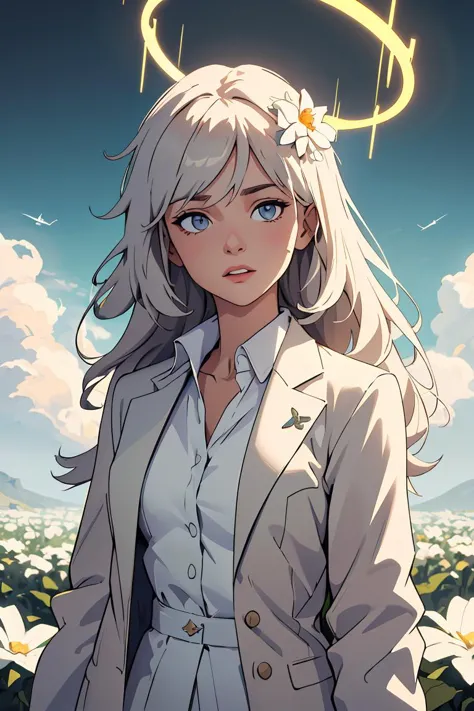 (masterpiece, best quality), 1girl, <lora:cecilia_laporta_arknights:1> flower,halo,white shirt,jacket,