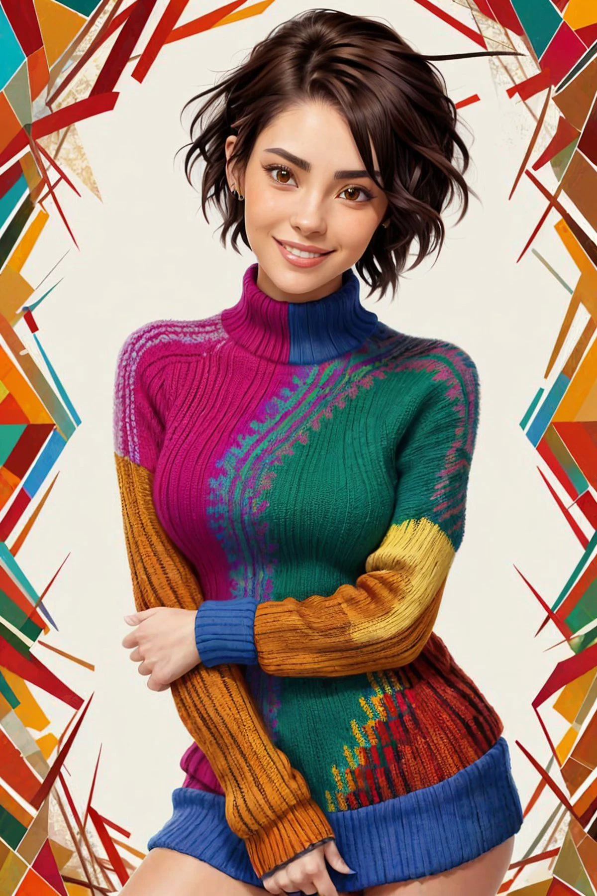 A woman in a colorful sweater posing for a picture - SeaArt AI