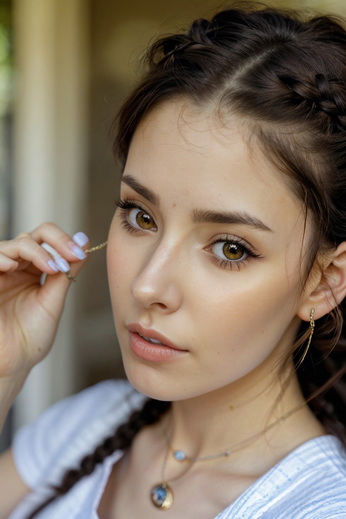 A close up of a woman with a necklace and earrings - SeaArt AI