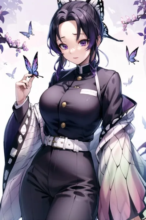 1girl,masterpiece,(kochou shinobu) (best quality:1.2),( Kochou Shinobu), multicolored hair, long sleeves, purple eyes, black jacket, high waist black pants, uniform, white haori, Japanese clothes, multiple butterflies, buttons, belt, lake, sunset, lens fla...