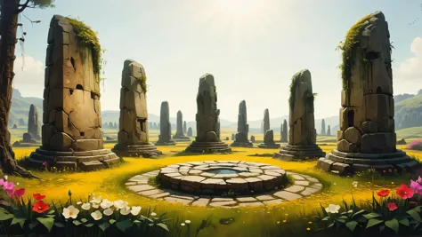 a close up of a stone circle surrounded by trees and flowers