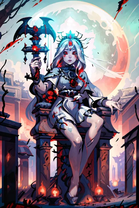 a woman sitting on a throne with a sword and a demon