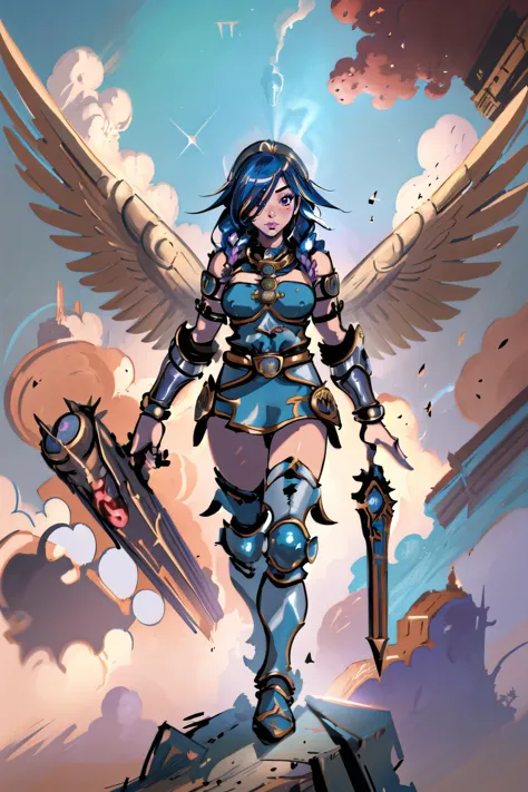 a woman with blue hair and wings holding a sword