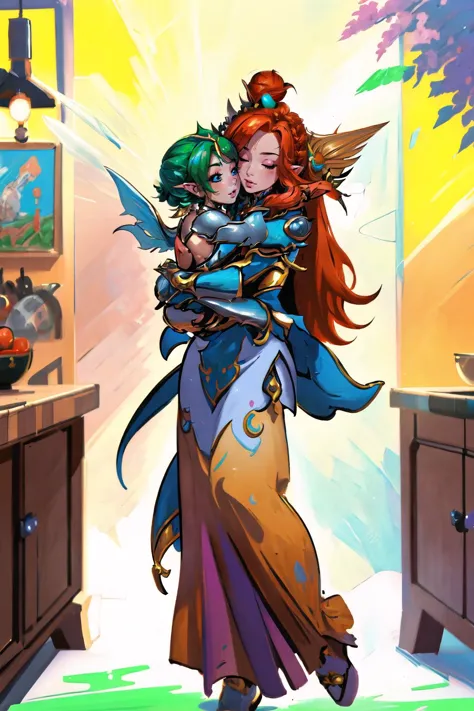 (masterpiece, best_quality, ultra-detailed, immaculate:1.3), epic, illustration, elf dragoon  , (armor:1.3), vivid multicolor hair, hair bun, waist hug, in a  kitchen, next to a exciting, dank car, bombshell hair, pastel ginger hair, ahoge,Mermaid Hair, shoulder carry<lyco:EnvyPaintingMix01:1>