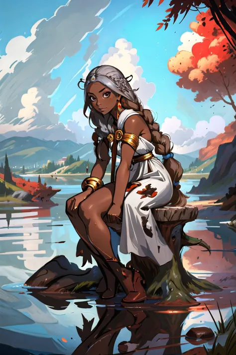 a woman sitting on a tree stump in the water