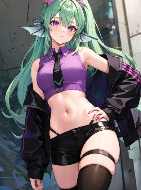 masterpiece, detailed, high quality, absurdres, finana, 1girl, solo, head fins, ponytail, green hair, midriff, black pants, nave...