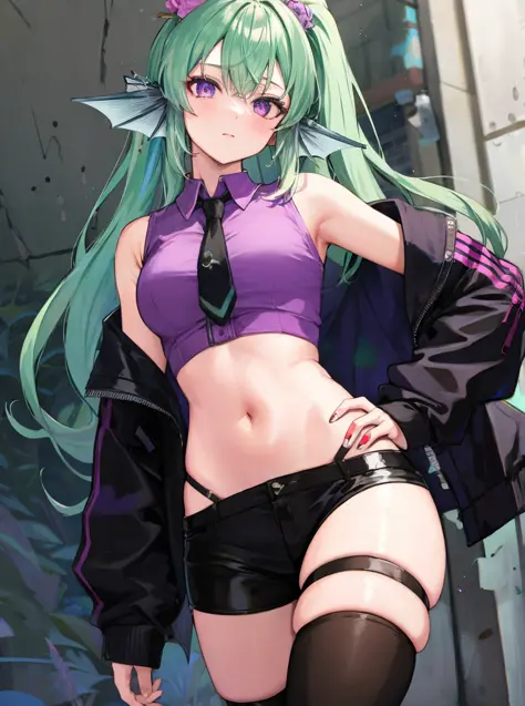 masterpiece, detailed, high quality, absurdres, finana, 1girl, solo, head fins, ponytail, green hair, midriff, black pants, navel, long hair, looking at viewer, crop top, black jacket, off shoulder, collared shirt, cowboy shot, purple shirt, hand on hip, necktie, hair ornament, medium breasts, bangs, long sleeves, thigh strap, black necktie, sneakers, black footwear,