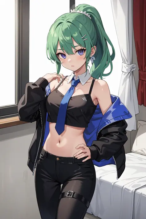 (masterpiece, best quality),  intricate details, 
1girl,  <lora:finana2-10:0.8> finana, head fins, ponytail, green hair, midriff, black pants, navel, long hair, looking at viewer, crop top, black jacket, off shoulder, collared shirt, cowboy shot, purple shirt, hand on hip, necktie, hair ornament, medium breasts, bangs, long sleeves, thigh strap, black necktie, sneakers, black footwear,
bedroom, window, nightime,