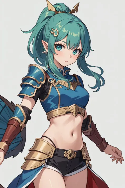 (masterpiece, best quality),  intricate details, 
1girl,  <lora:finana2-10:0.8> finana, (head fins:1.2), ponytail, green hair, midriff, , navel, long hair, looking at viewer, crop top, cowboy shot hair ornament, medium breasts, bangs,
 <lora:Anjanath-000027:1> anjanath (armor),