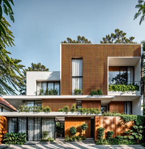 modern townhouse on street, streetscapes, urban background, white walls combined with wooden grids, glass railings, trees on the...