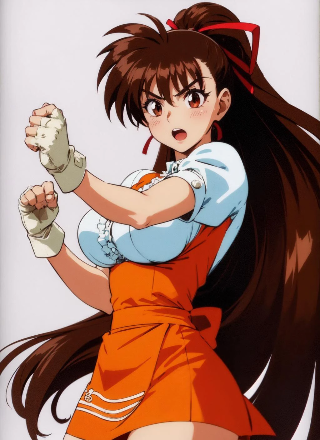 tokyuka, 1 chica, solo, lazo para el pelo, camisa con volantes, debajo del busto, cinta, guantes sin dedos, (guantes blancos), delantal naranja, orange skirt, Boca abierta, postura de lucha, década de 1990 \(Estilo\), fondo abstracto, 