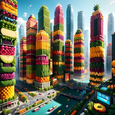 a picture of a city with lots of fruit on top of it