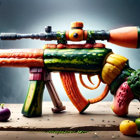 there is a toy gun with a bunch of vegetables on it