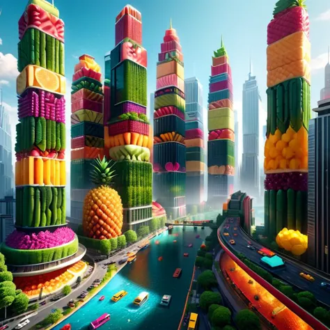 a picture of a city with lots of fruit on top of it