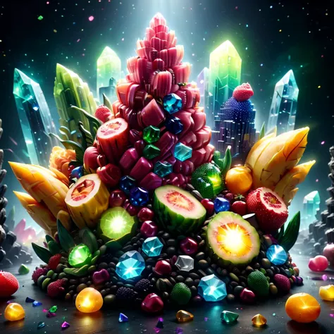 a close up of a bunch of fruit and vegetables with crystals