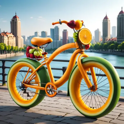 yellow bicycle with oranges and apples on the front wheel