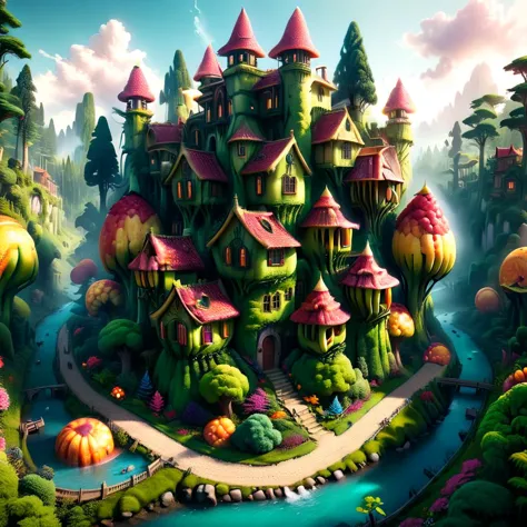 a picture taken from a computer of a fantasy castle surrounded by trees