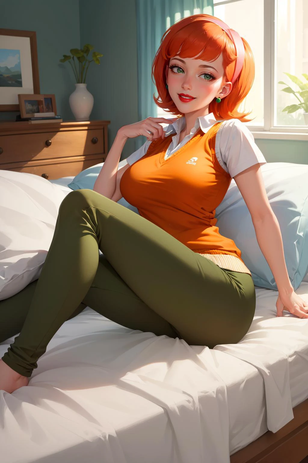 (masterpiece, best quality:1.2),  linda_flynn-fletcher, 1girl, jewelry, earrings, solo, lipstick, hairband, makeup, breasts, large breasts, orange hair, short hair, crossed legs, pants, smile, sweater vest, green pants, smile, lying, looking at viewer, on side, pillow, indoors, bed sheet, on bed, indoors